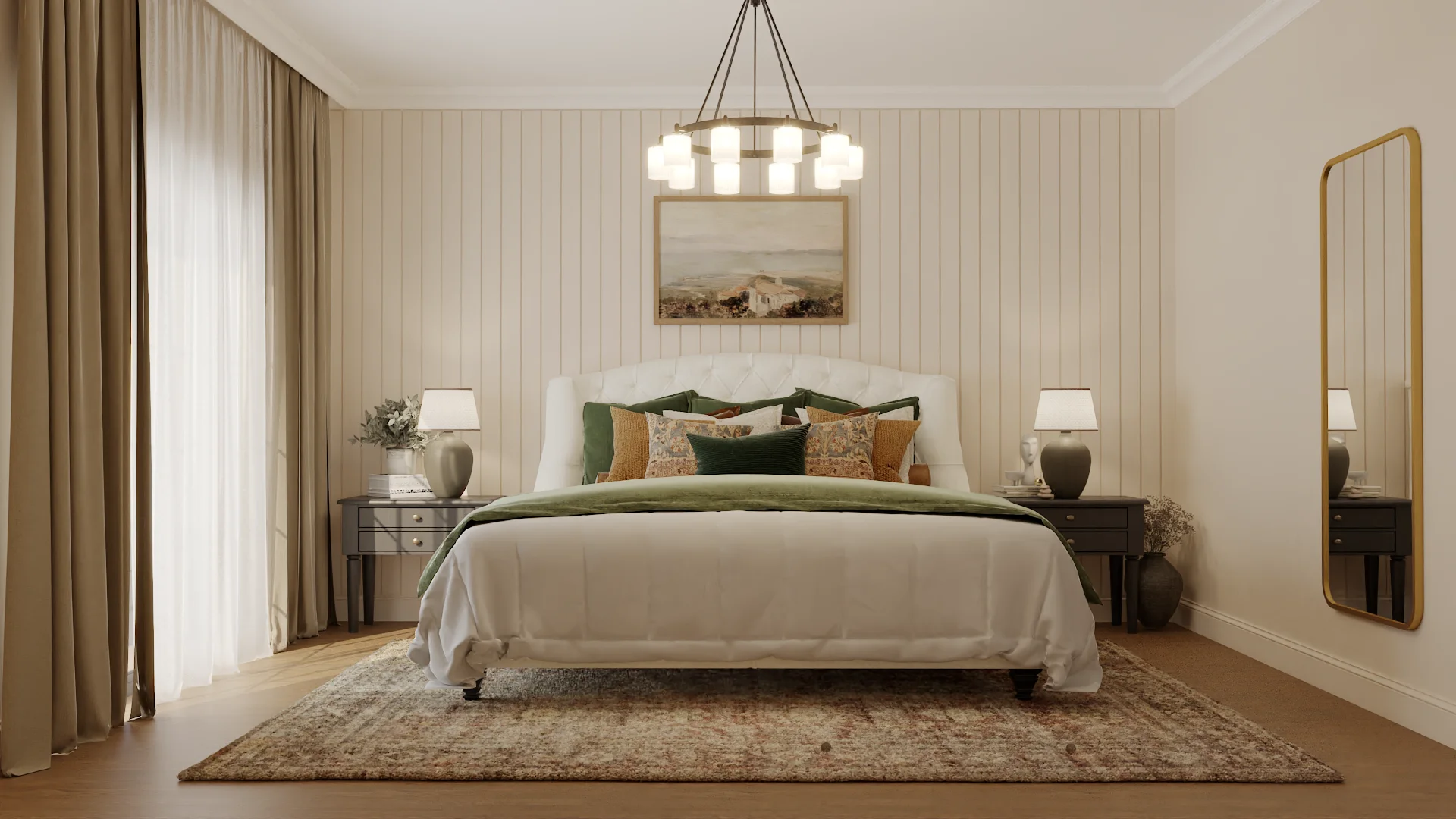 Transitional bedroom with cream shiplap walls, green velvet bedding, dark nightstands, and brass leaning mirror