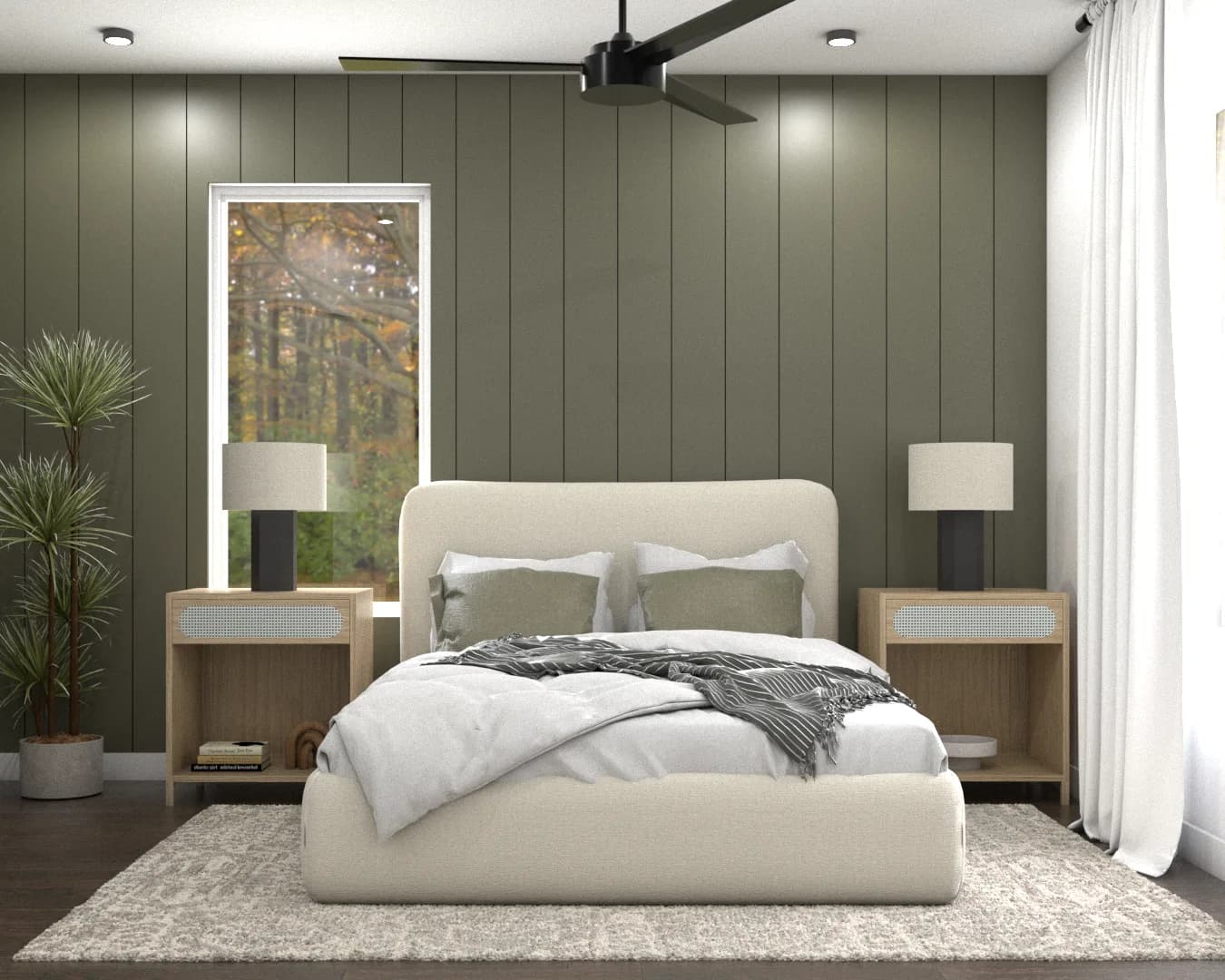 Sage shiplap bedroom full view with bed, nightstands, white curtains, textured rug and fall window