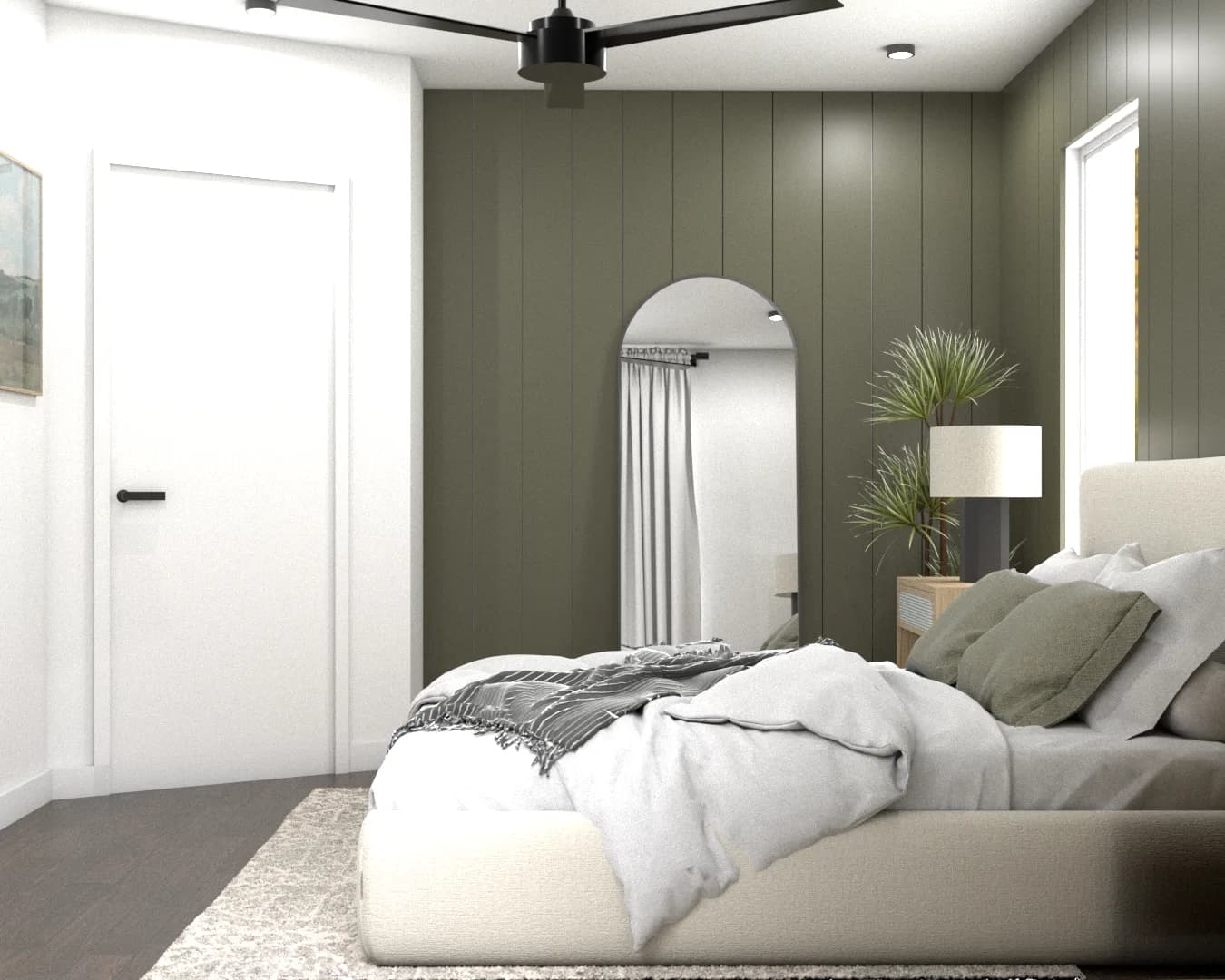 Sage shiplap bedroom with arched full-length mirror leaning against accent wall and ceiling fan