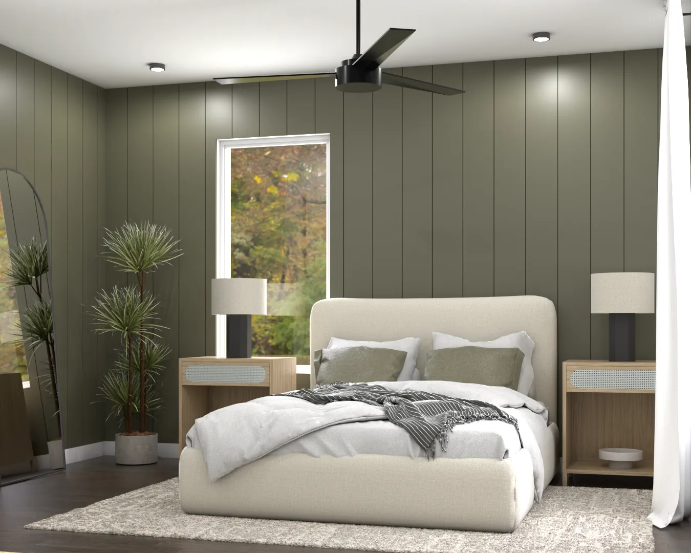 Organic Modern bedroom with sage shiplap wall, cream bed, rattan nightstands, and dracaena plants on dark floors
