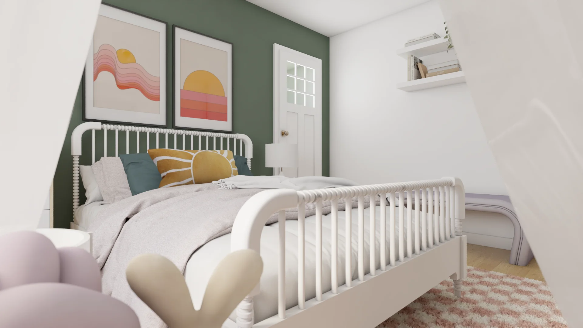 Sage wall with sunset art prints above spindle bed, floating shelf, lavender chair