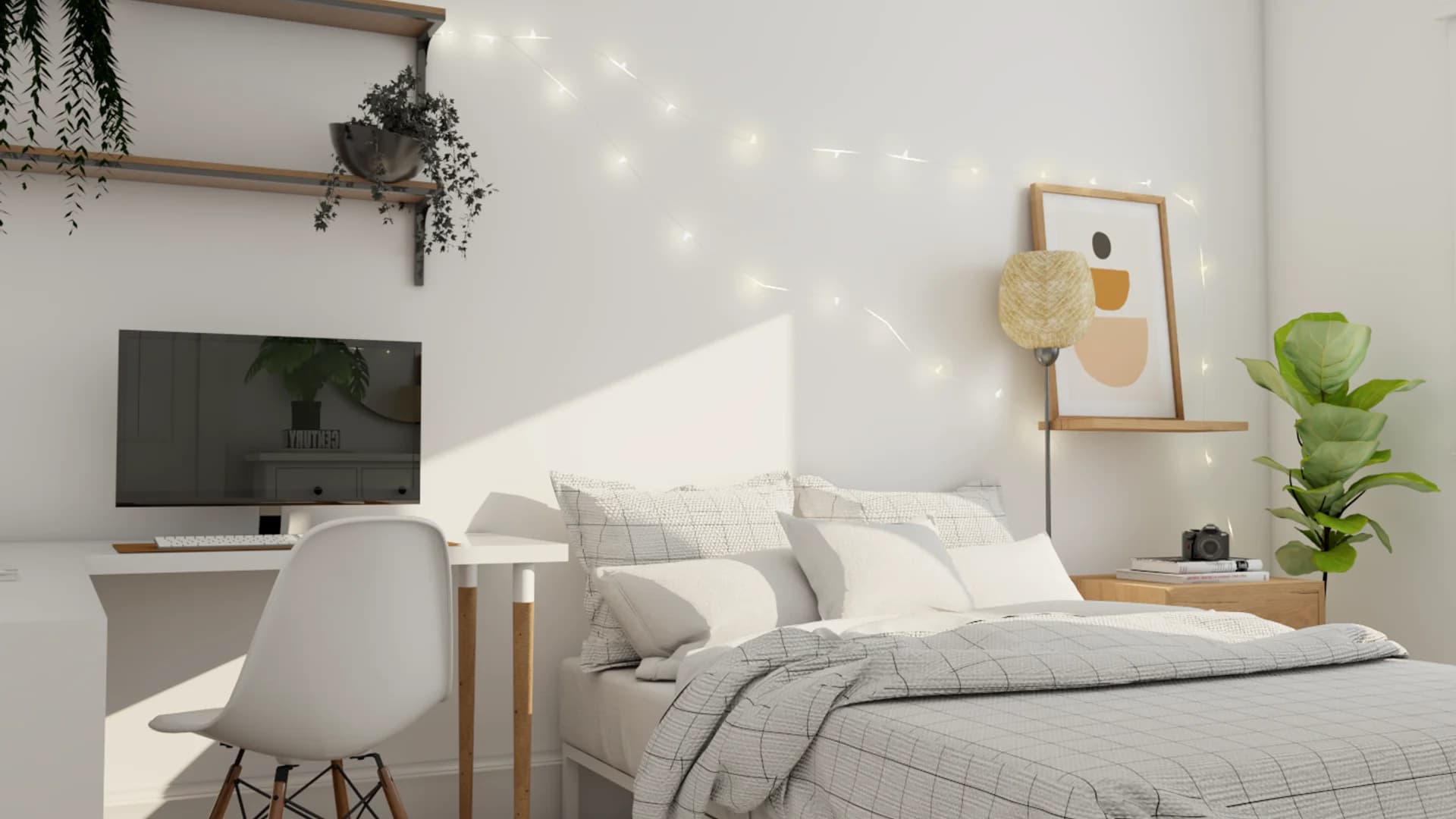 Scandinavian bedroom with white desk, Eames chair, string lights, trailing plants on oak wall shelf, and gray grid bedding