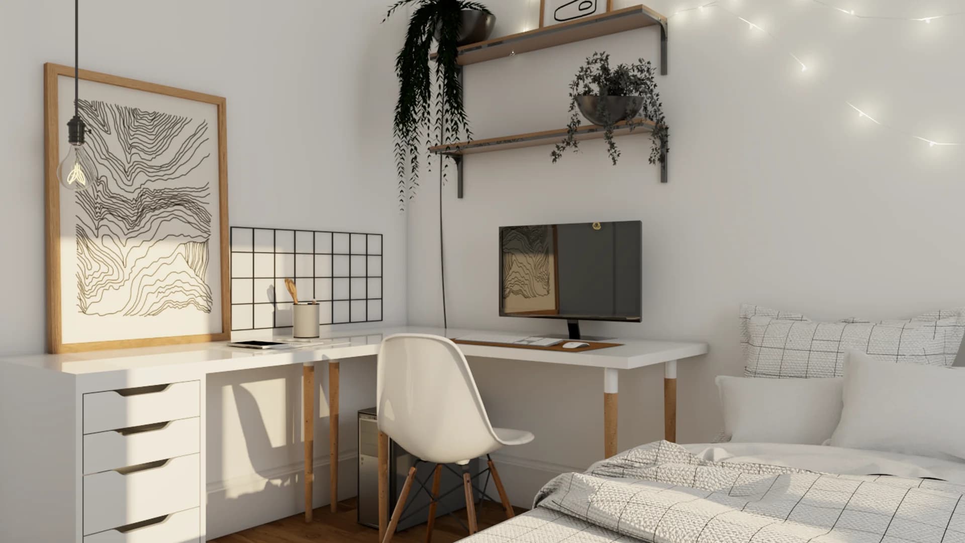 Scandinavian white desk with 5-drawer unit, Eames chair, wire grid board and pothos shelf