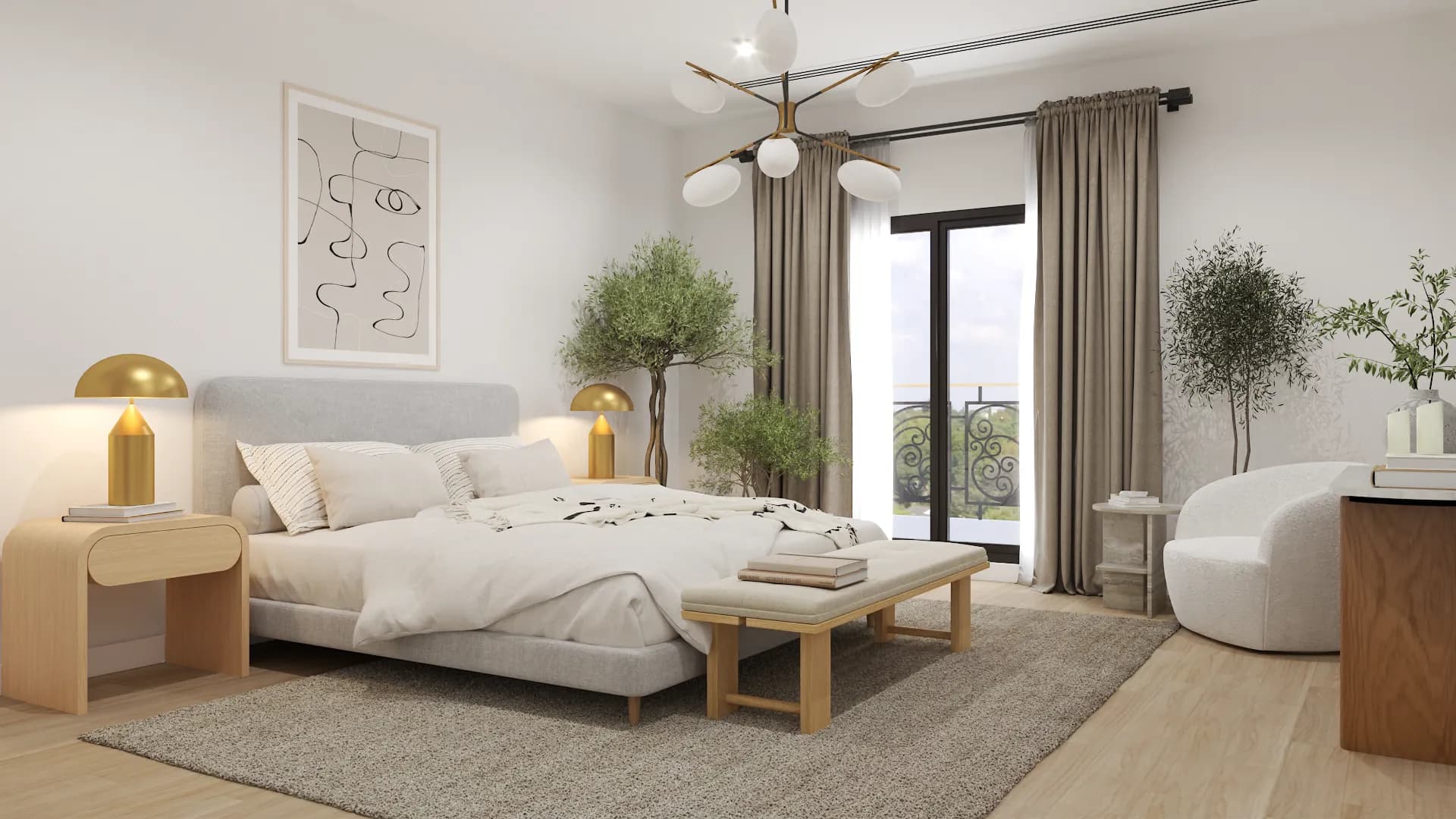 Minimalist bedroom featuring a low-profile bed, neutral color scheme, and natural wooden elements, complemented by soft lighting and greenery, creating a tranquil and inviting space. Design by Debora, an online interior design service.