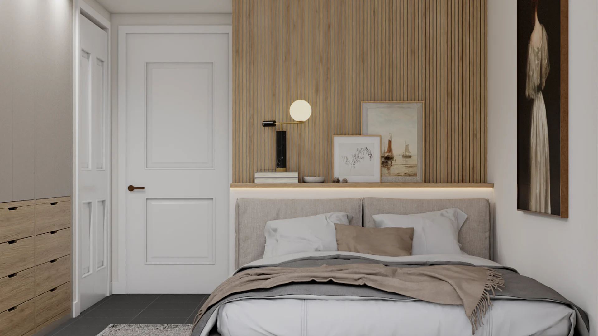 Small primary bedroom with floor-to-ceiling vertical oak slat wall, LED shelf, linen platform bed, and brass globe lamp.