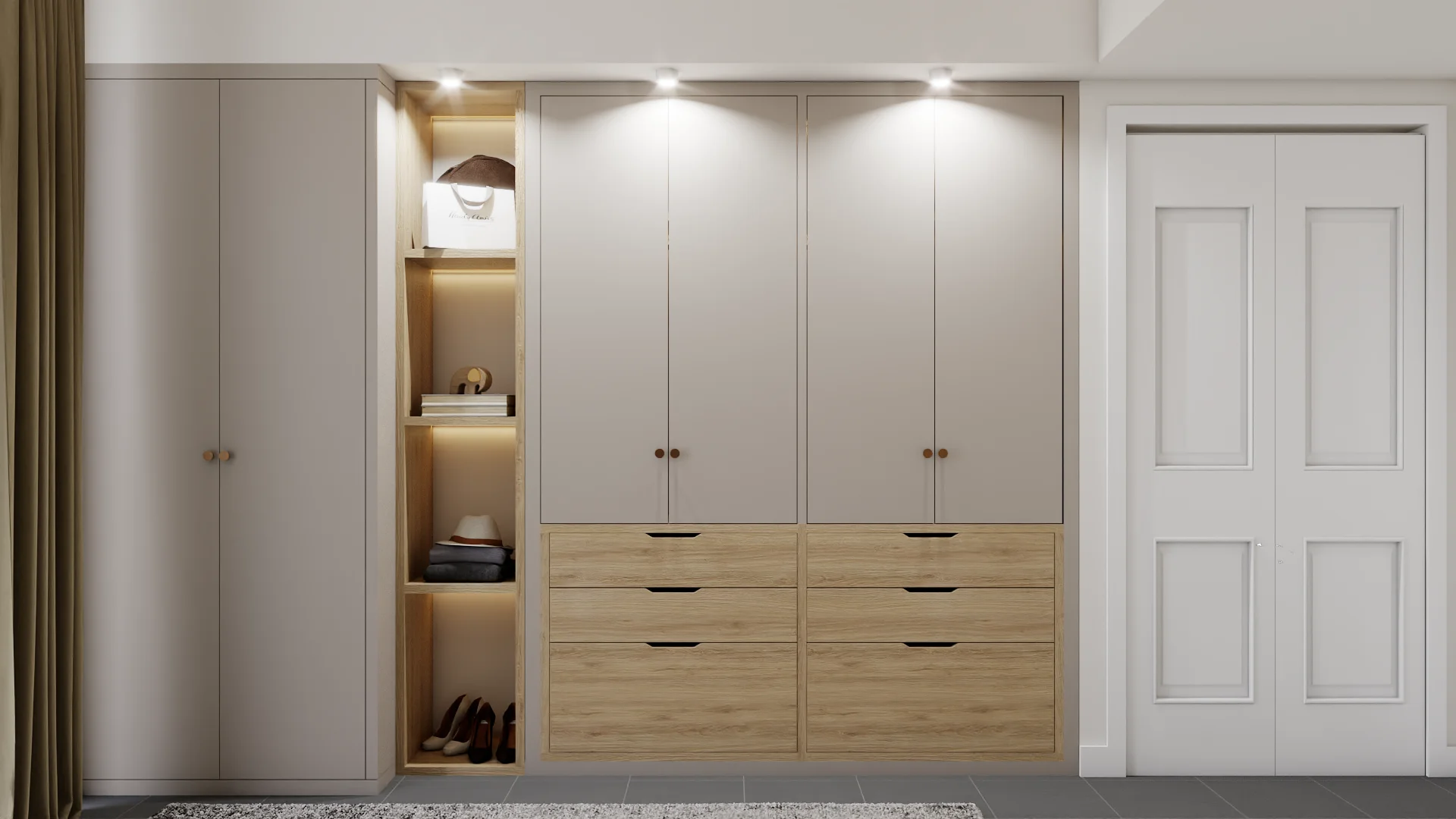 Dressing room with cream wardrobes, brass round pulls, lit oak shelving bay, and bag display.