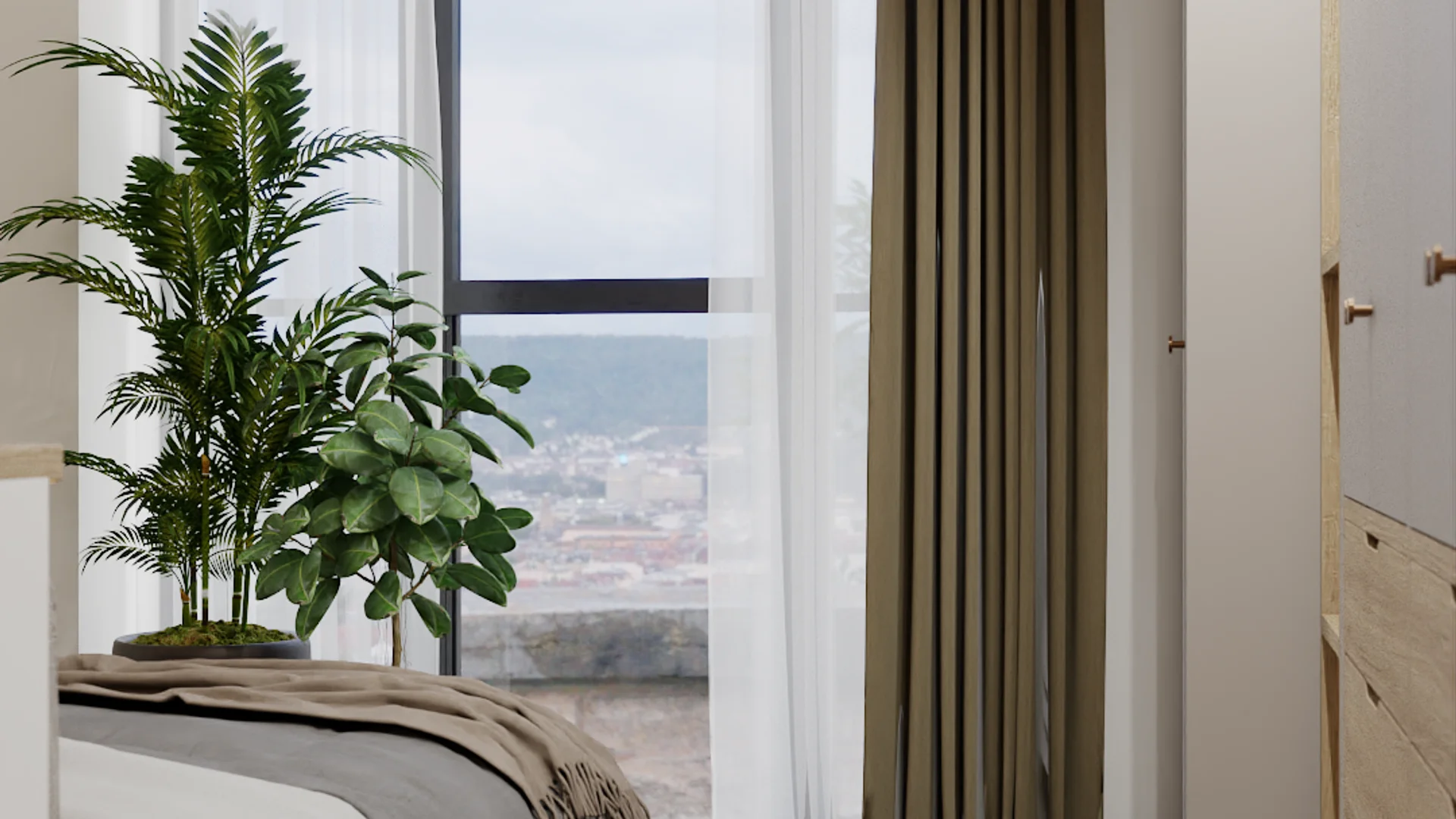 Low-angle bedroom shot with skyline window, plants, slate tile floor, and bed corner.