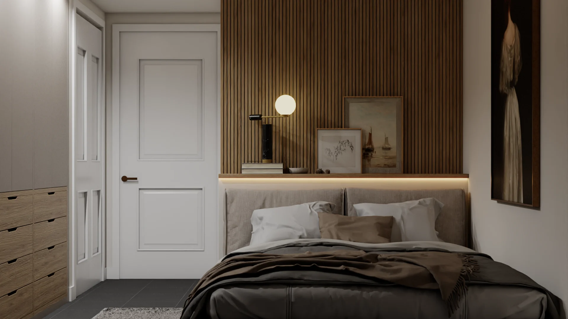 Night view of oak slat bedroom with warm LED shelf glow and amber ambient wall light.