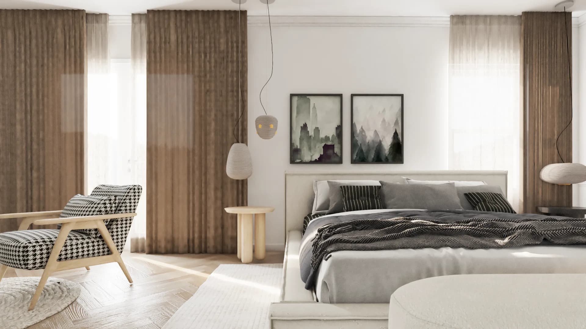 Bedroom with taupe linen drapes, herringbone oak floor, wainscoting walls, dark desk with cane chair, and oak console with arched mirror