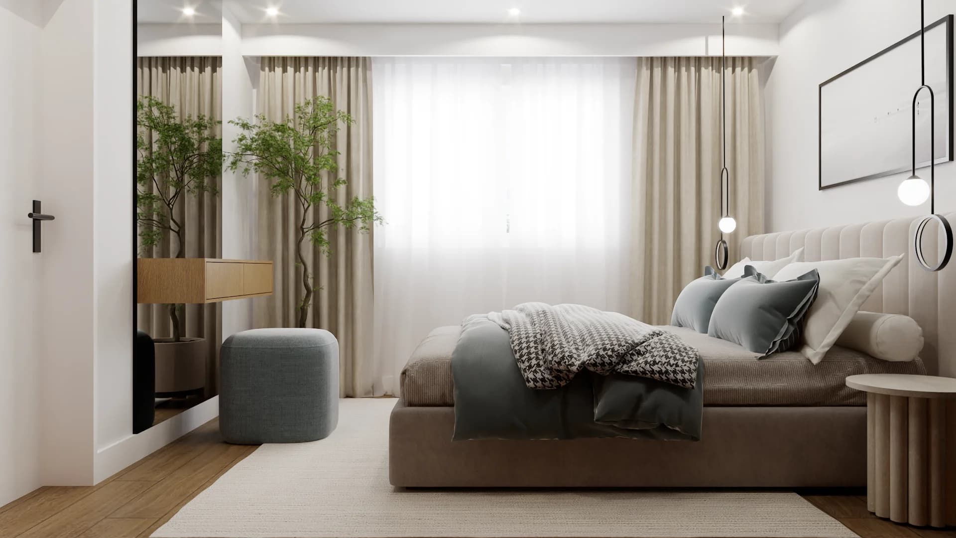 Taupe velvet bed with dusty blue pillows, sheer linen curtains, and black ring pendants in neutral bedroom