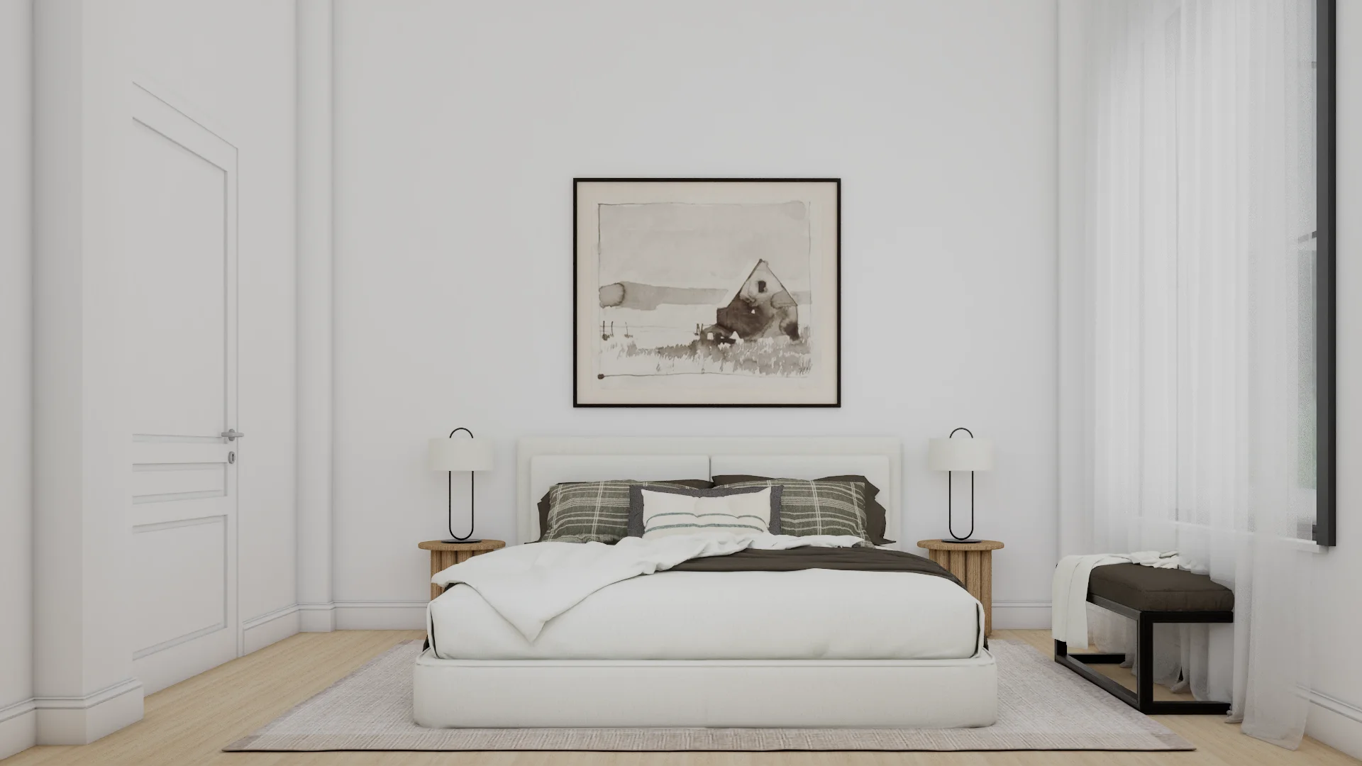 Transitional minimal white platform bed bedroom with dark olive and charcoal plaid bedding, two black arc table lamps on small oak nightstands, watercolor barn landscape artwork, low black storage bench, and sheer curtains by Debora Interiors