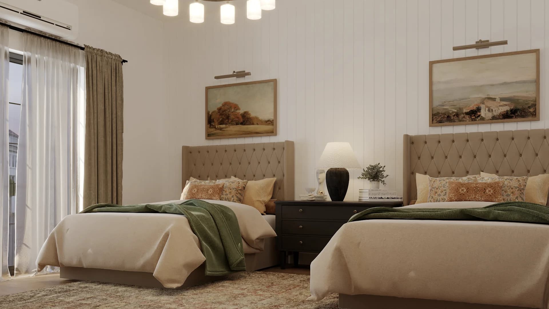 Twin tufted linen beds with green throws, landscape art, and shiplap walls