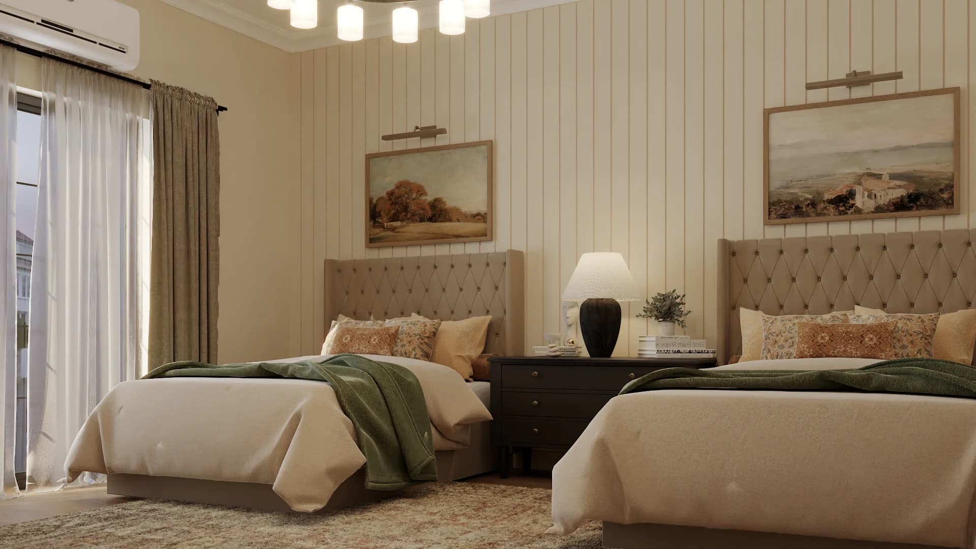 Twin bedroom with beige tufted headboards, green throws, and vertical shiplap wall