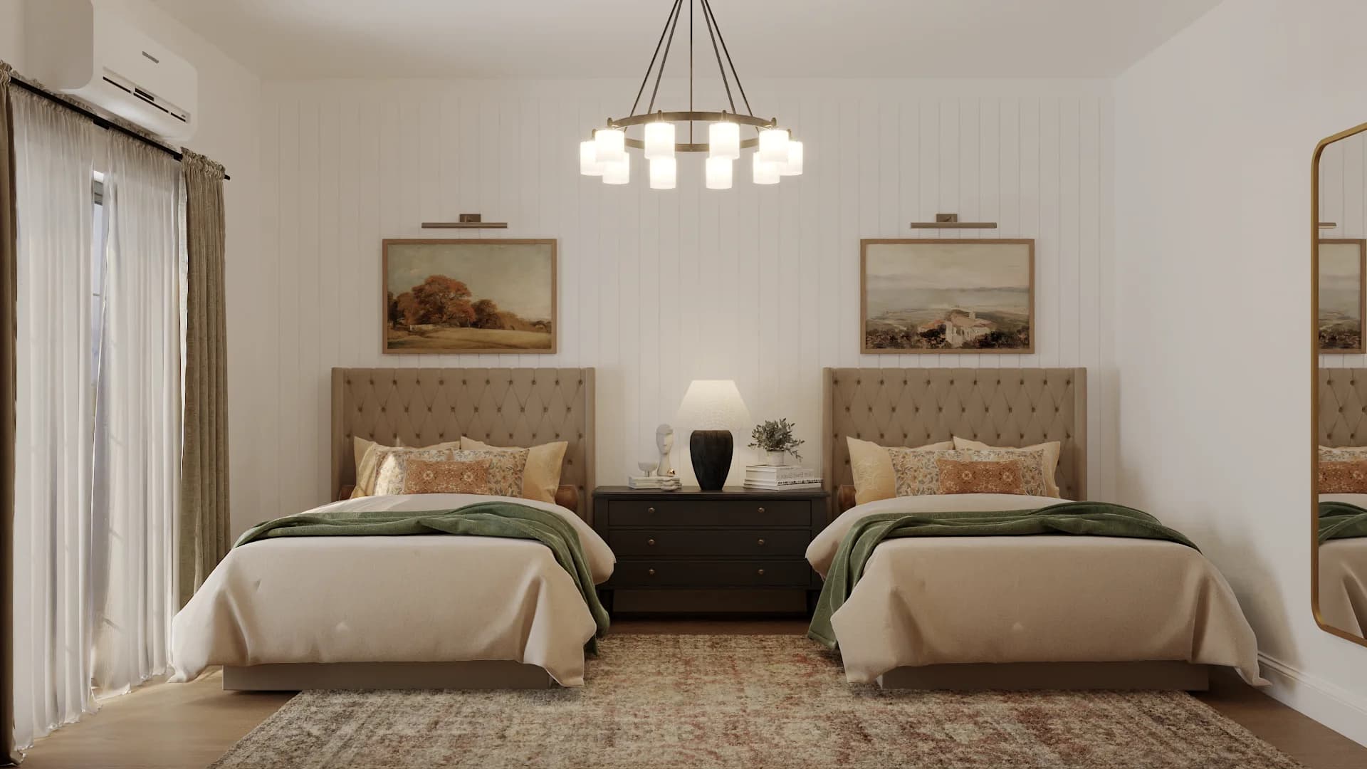 Twin guest bedroom with taupe tufted headboards, green throws, and ring chandelier