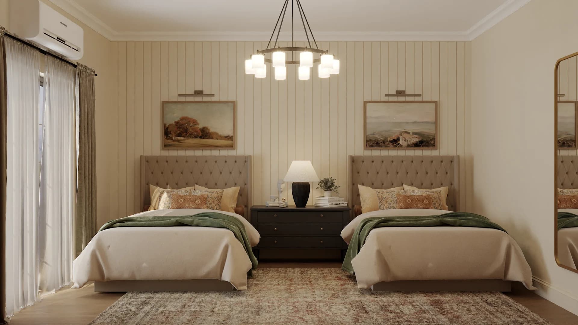 Twin bedroom with tufted linen headboards, dark wood nightstand, and chandelier