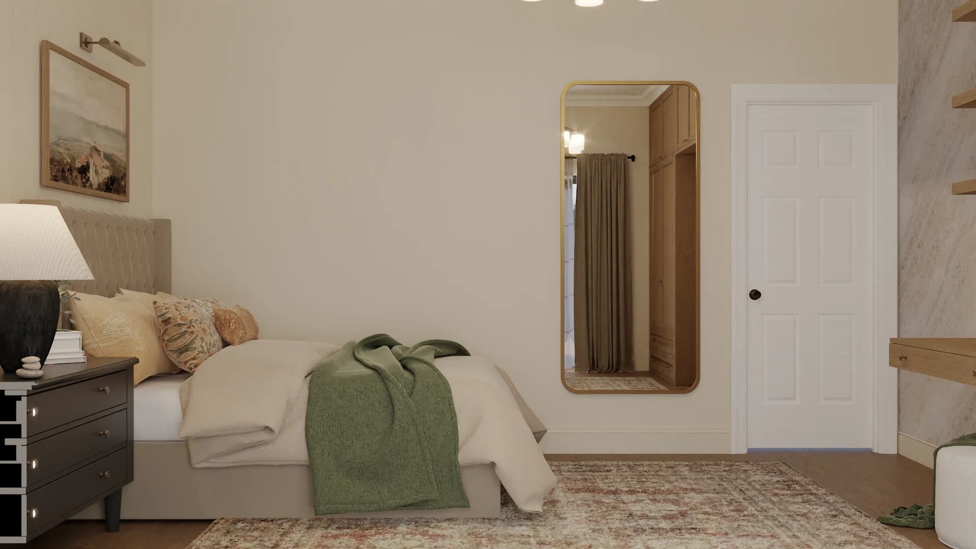Warm neutral bedroom with gold arched mirror, sage throw, and vintage rug
