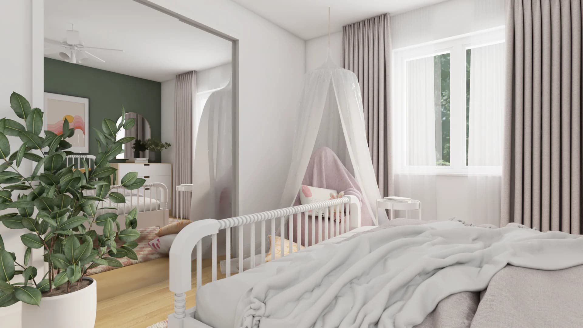 White iron crib with sheer canopy drape, fiddle leaf fig plant, taupe curtains, natural light