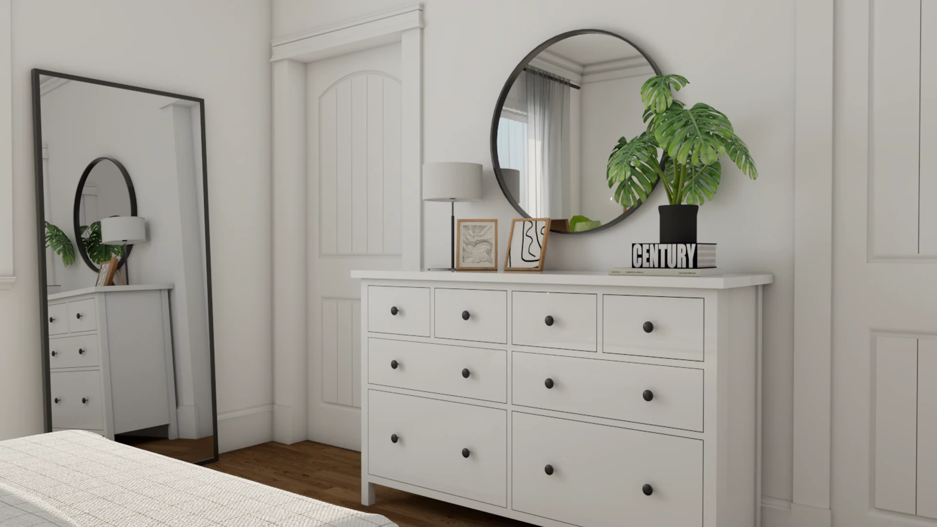 White 8-drawer dresser with round mirror, panel molding walls, and leaning full-length mirror