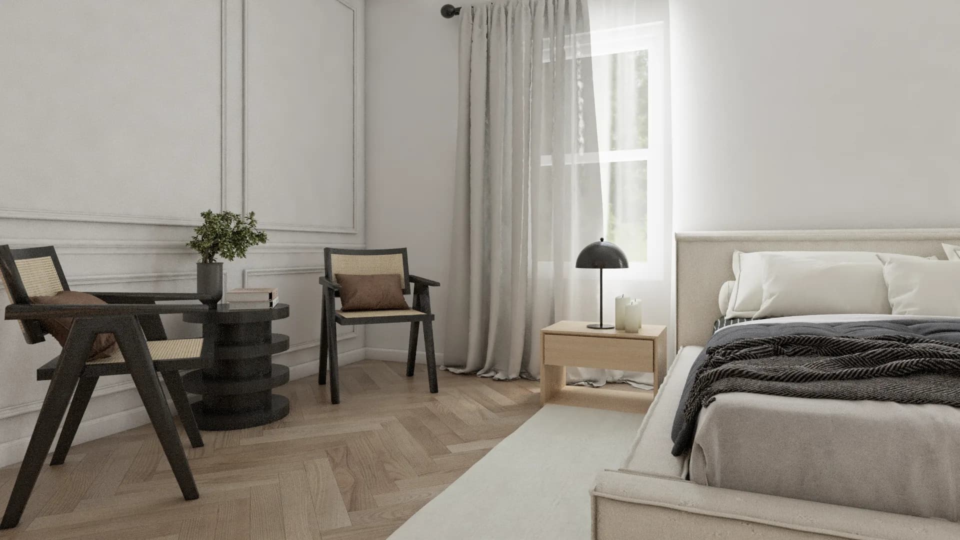 Bedroom with white panel molding walls, herringbone parquet floor, low upholstered bed, dark cane chairs, and arch mirror over rattan console