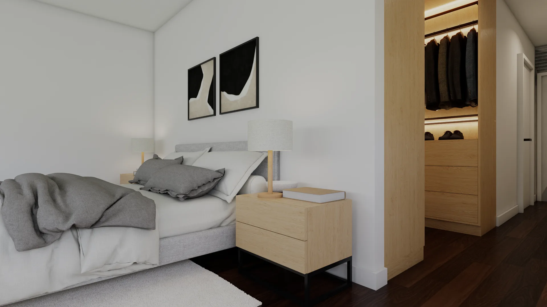 Angled view of oak nightstand with black metal legs and table lamp, diptych art above bed, walk-in c