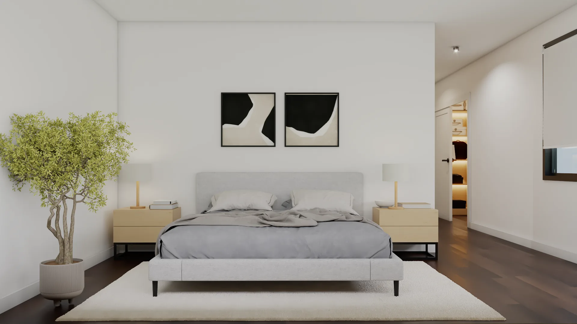 White upholstered bed with gray linen, oak black-leg nightstands, black and white abstract diptych art, and olive tree i