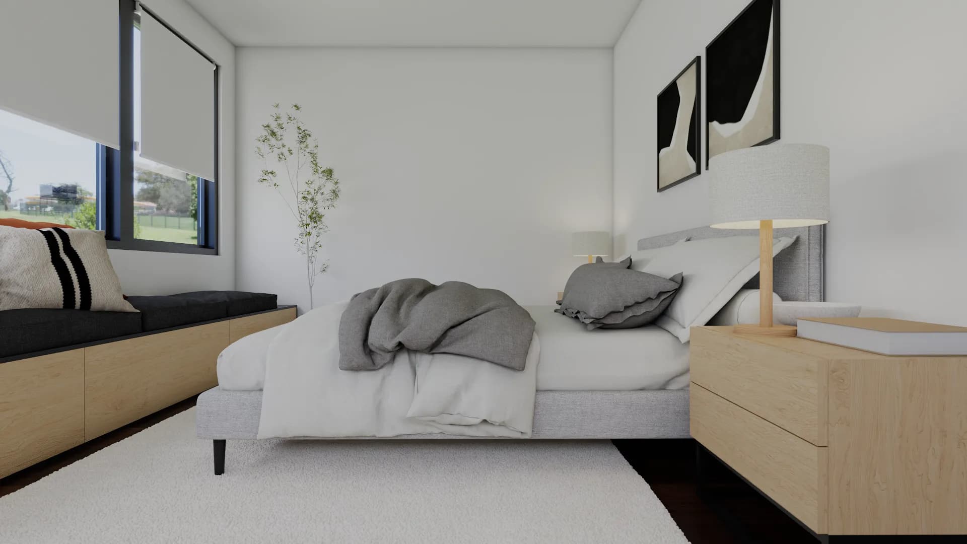 Side angle showing window seat and bed together with abstract diptych art and slim table lamp on oak