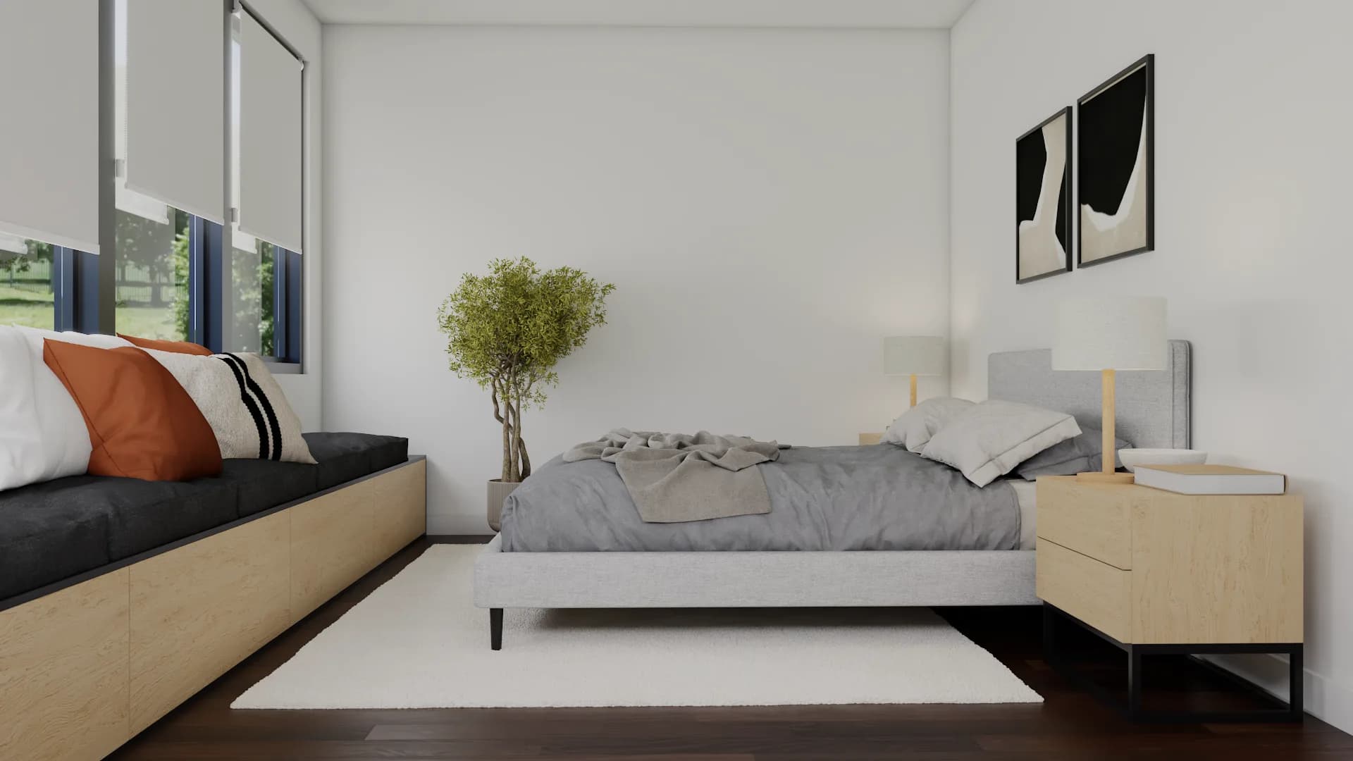 Wide bedroom view showing built-in window seat with terracotta and charcoal pillows, olive tree, and