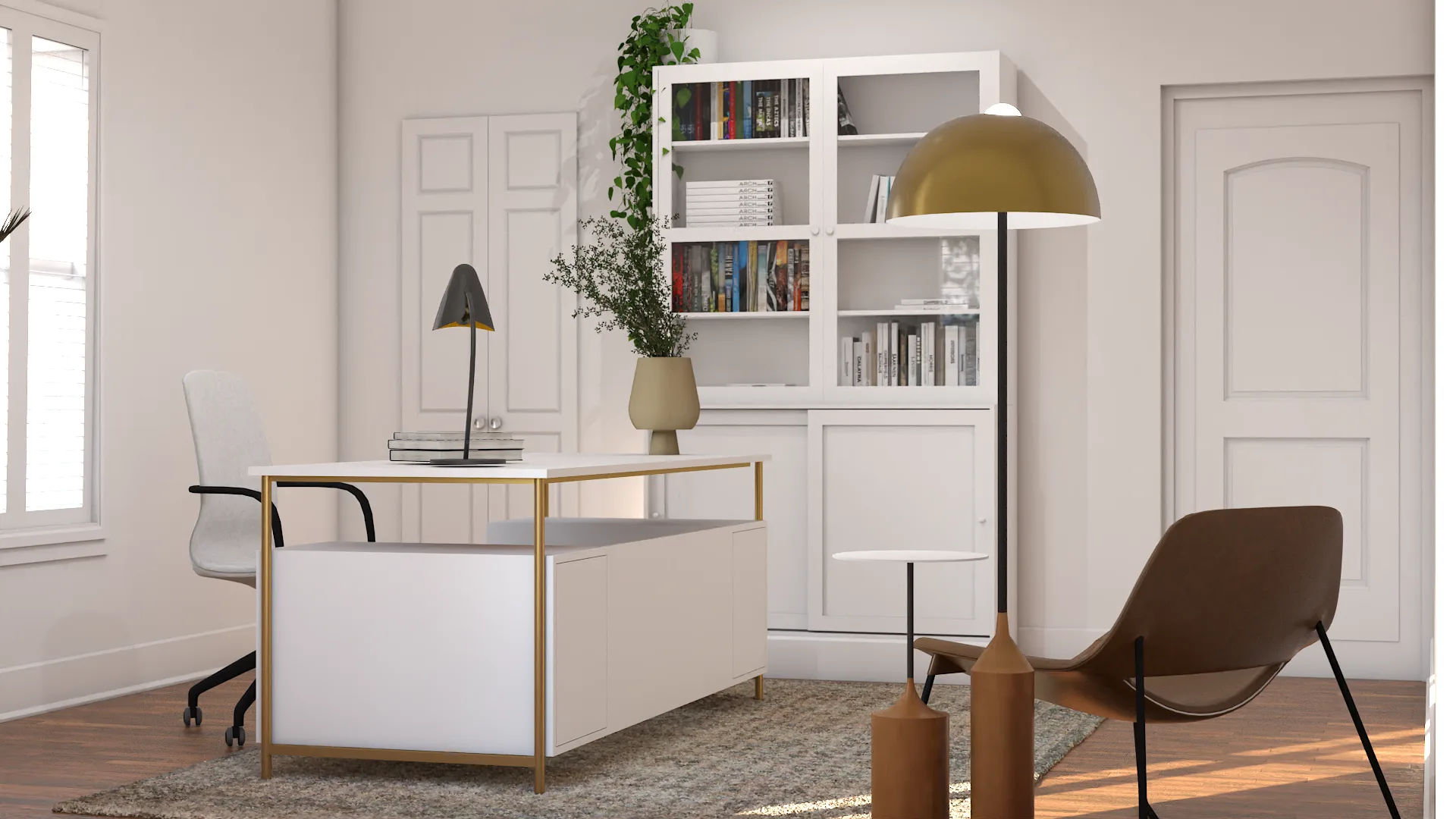 Arched oak console with brass sconces and gold landscape painting