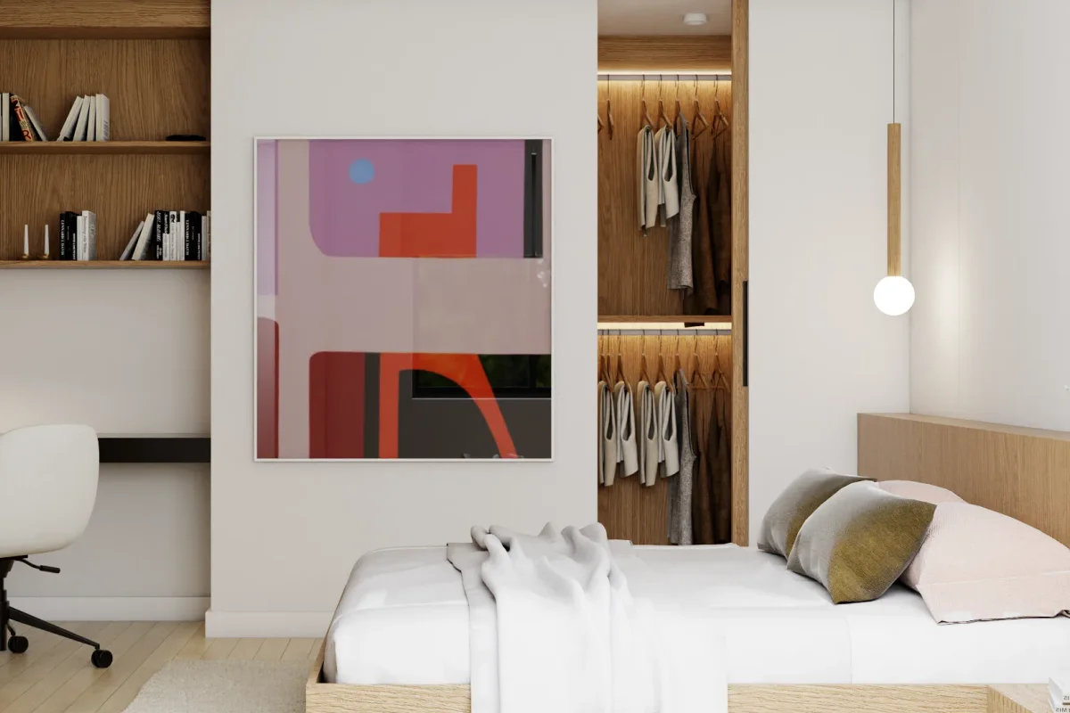 Floating oak desk nook with open book shelves beside a lit walk-in closet with hanging clothes rails in a white minimalist bedroom
