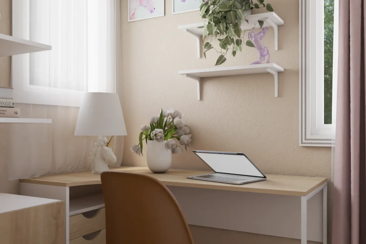 Oak top study desk on white metal legs with two white floating bracket shelves and trailing green plant against a beige textured wall in a kids bedroom