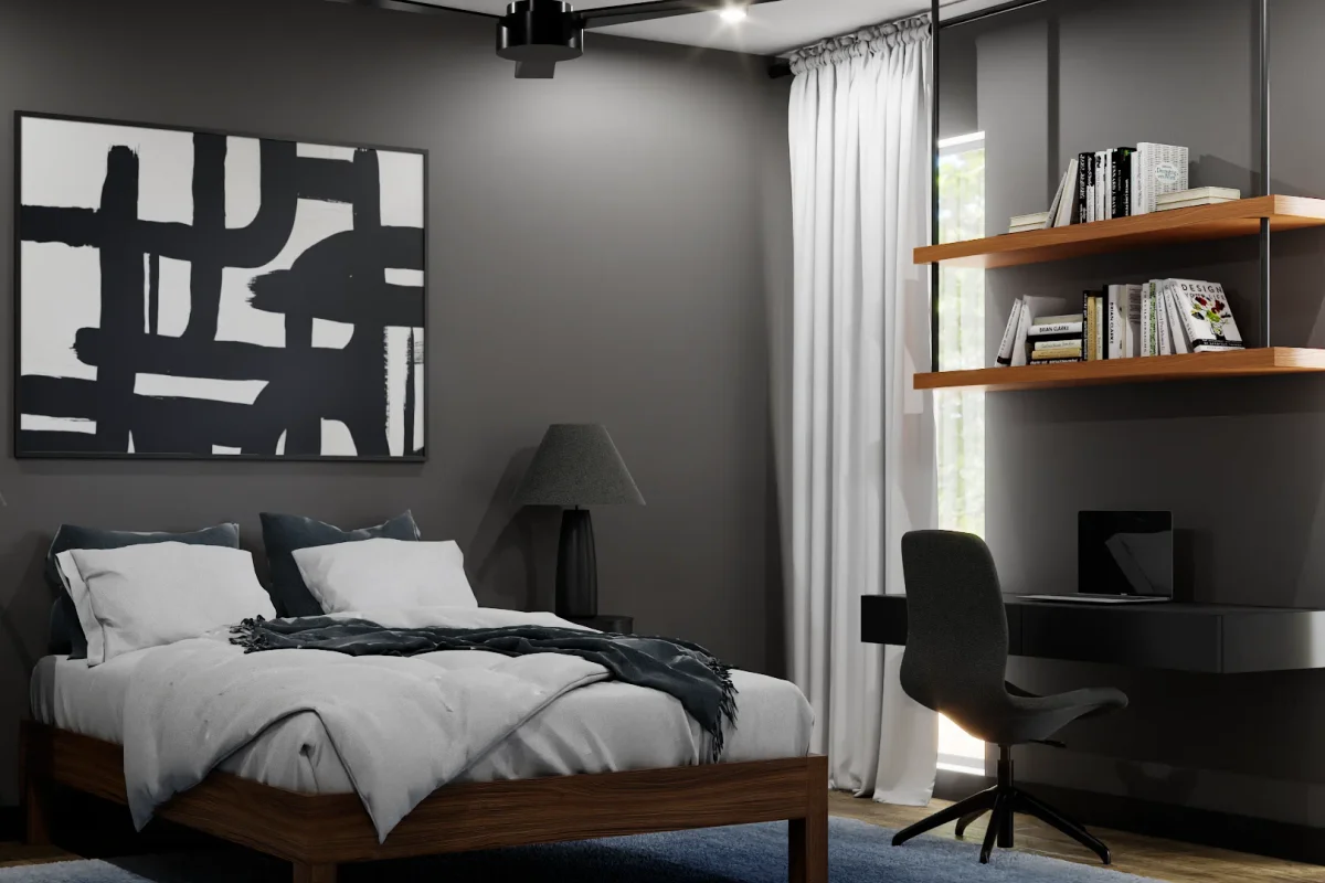 Charcoal bedroom with walnut floating desk and open shelving unit mounted to right wall, black task chair, abstract art above bed