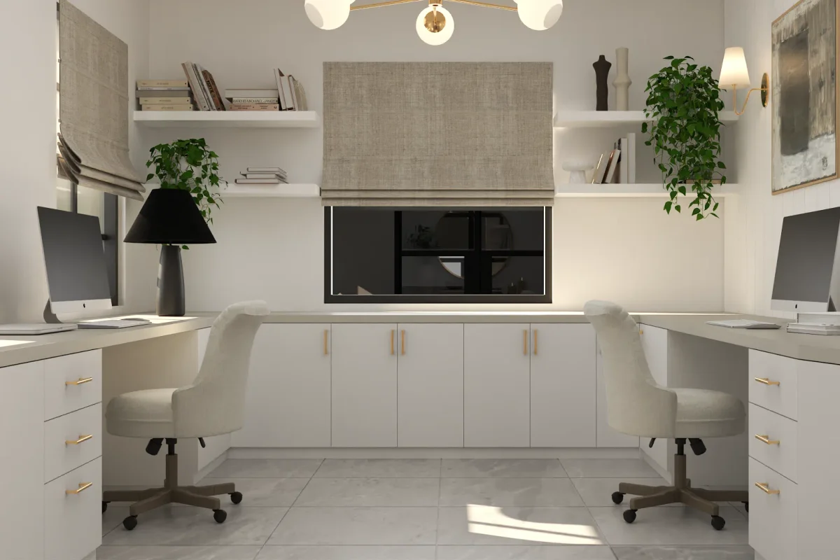 Dual built-in white desks flanking a center window with brass hardware pulls, brass wall sconces, globe chandelier overhead, cream upholstered chairs