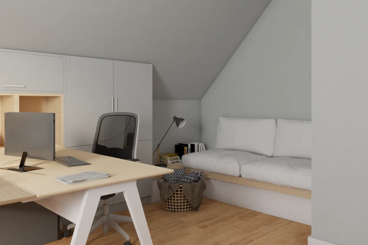 A-frame loft with dual oak trestle desk workstations, white upper built-in cabinets, and a platform daybed nook tucked under the sloped roofline