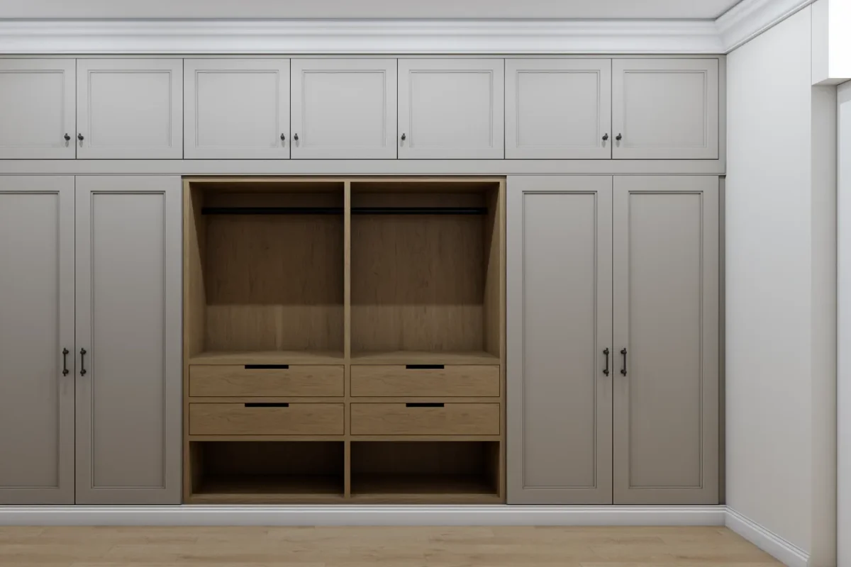 Gray shaker built-in wardrobe with oak interior center section, dual hanging rails, four drawers, and black hardware on light hardwood floor