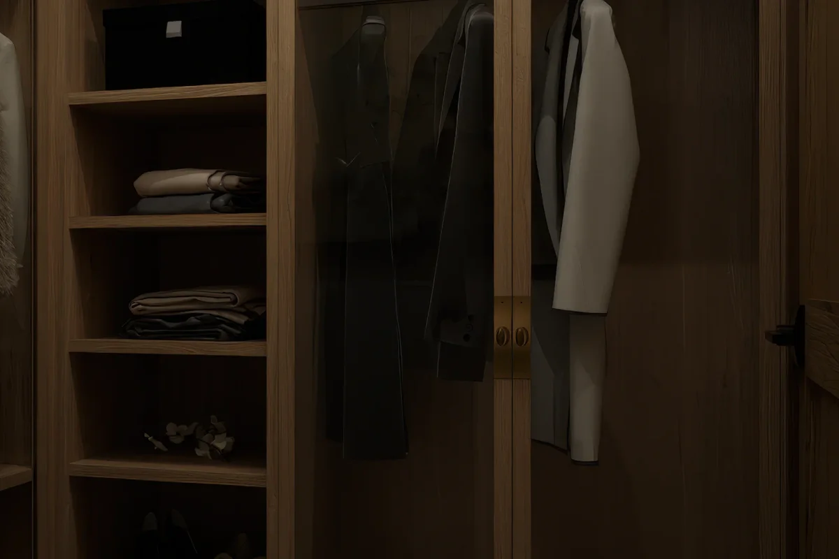 Dark oak walk-in closet with glass panel cabinet doors revealing hanging suits and folded clothes on open shelving beside a dark entry door