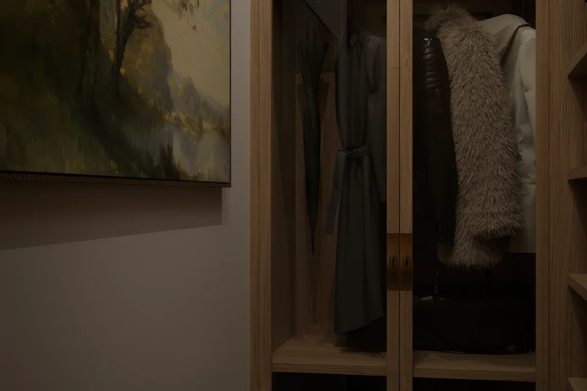 Close-up of oak glass-front wardrobe panels with brass knob hardware, coats and outerwear visible through the glass, alongside a landscape oil painting on the wall