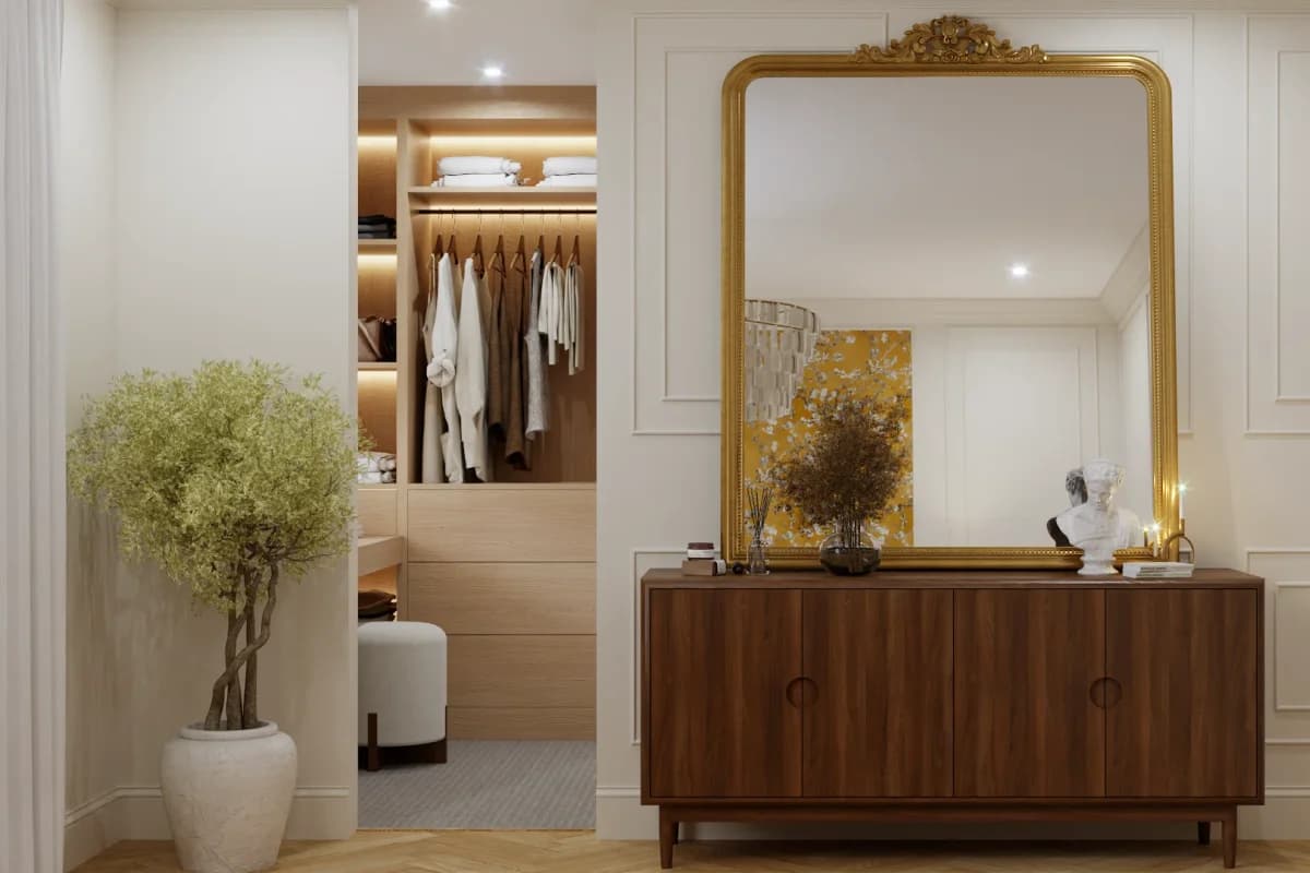 Oak walk-in closet with hanging rail and drawers seen through doorway, gold ornate mirror above walnut sideboard on herringbone parquet floor