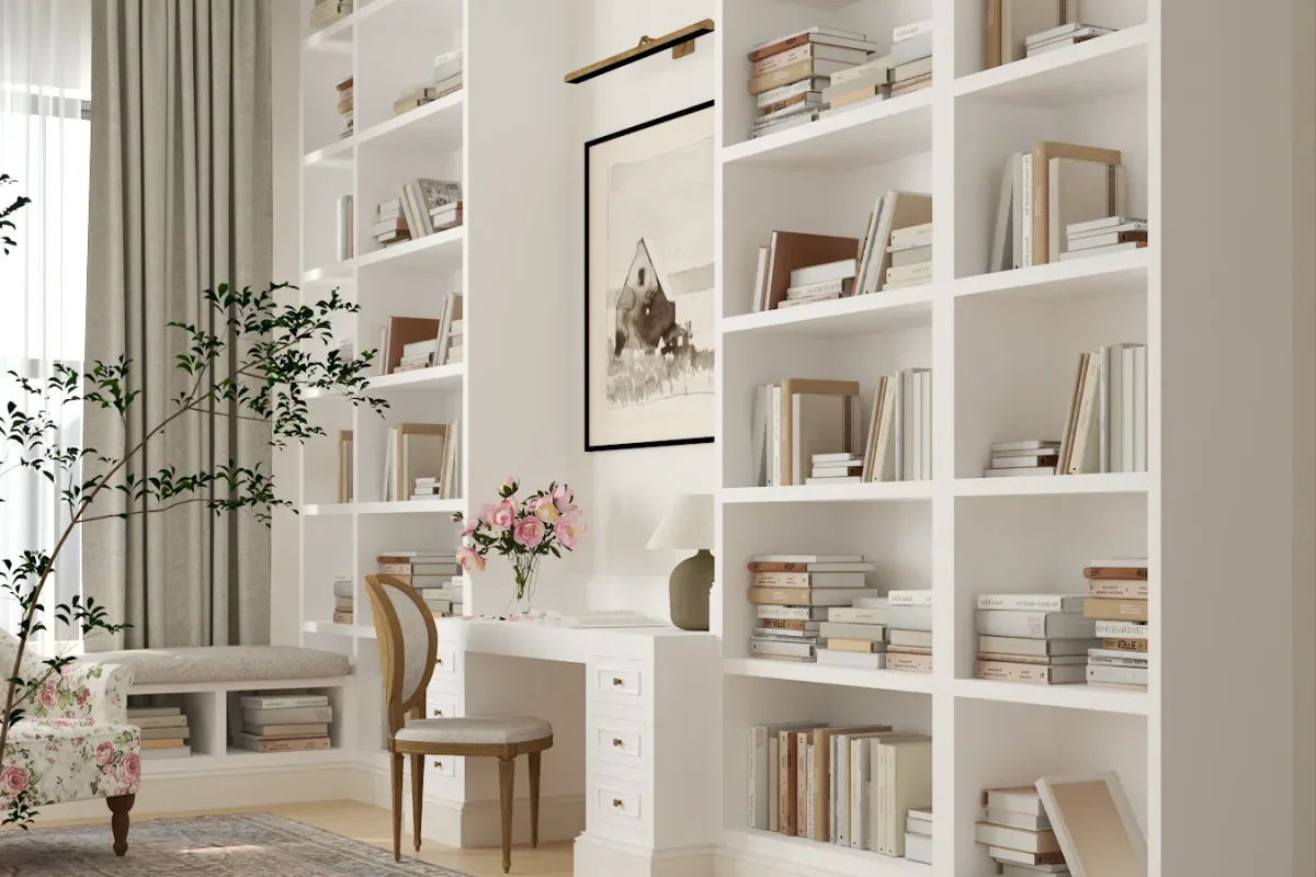 White floor-to-ceiling open bookshelves with built-in writing desk and drawer base, floral upholstered chair, framed art, pink roses in vase, and sheer linen curtains in a bright home library