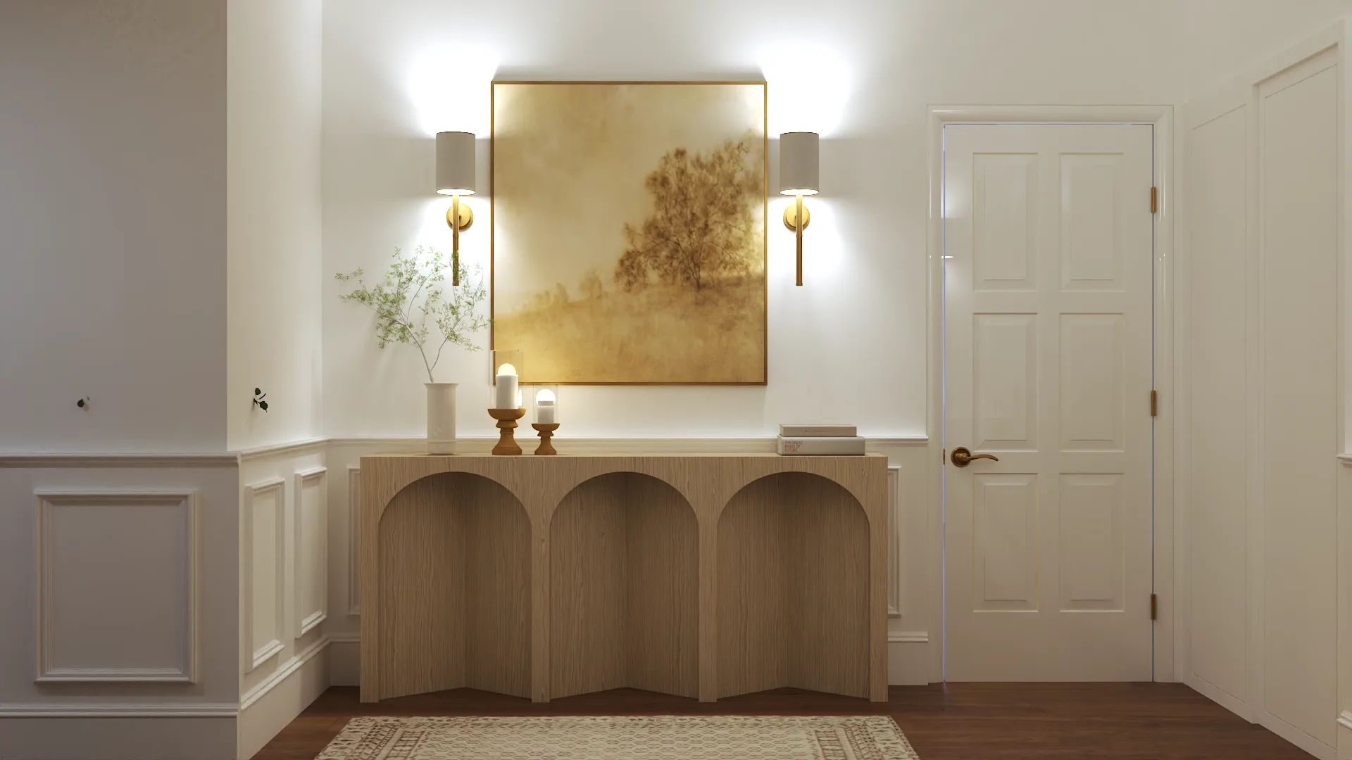 Arched oak console with sepia gold painting and drum sconces on white panel wall