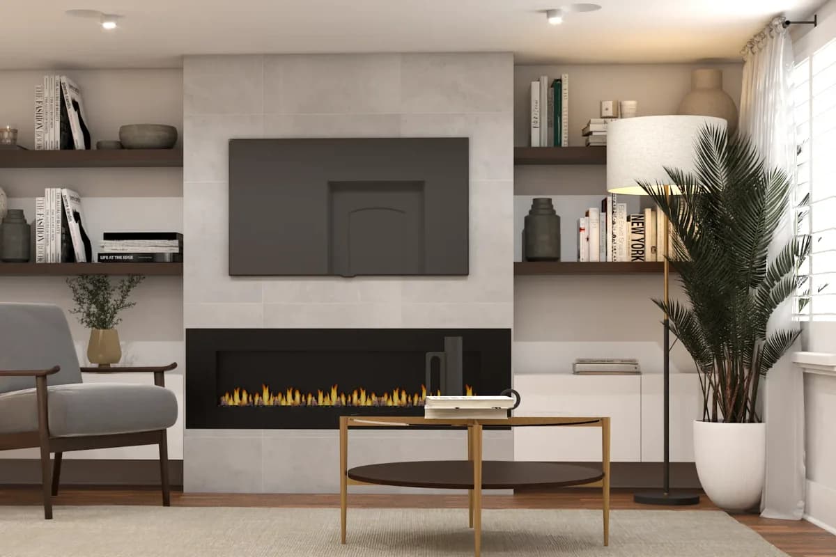 Pale concrete stone fireplace wall with walnut floating shelves on both sides, wall-mounted TV, and linear ribbon fireplace in a neutral living room