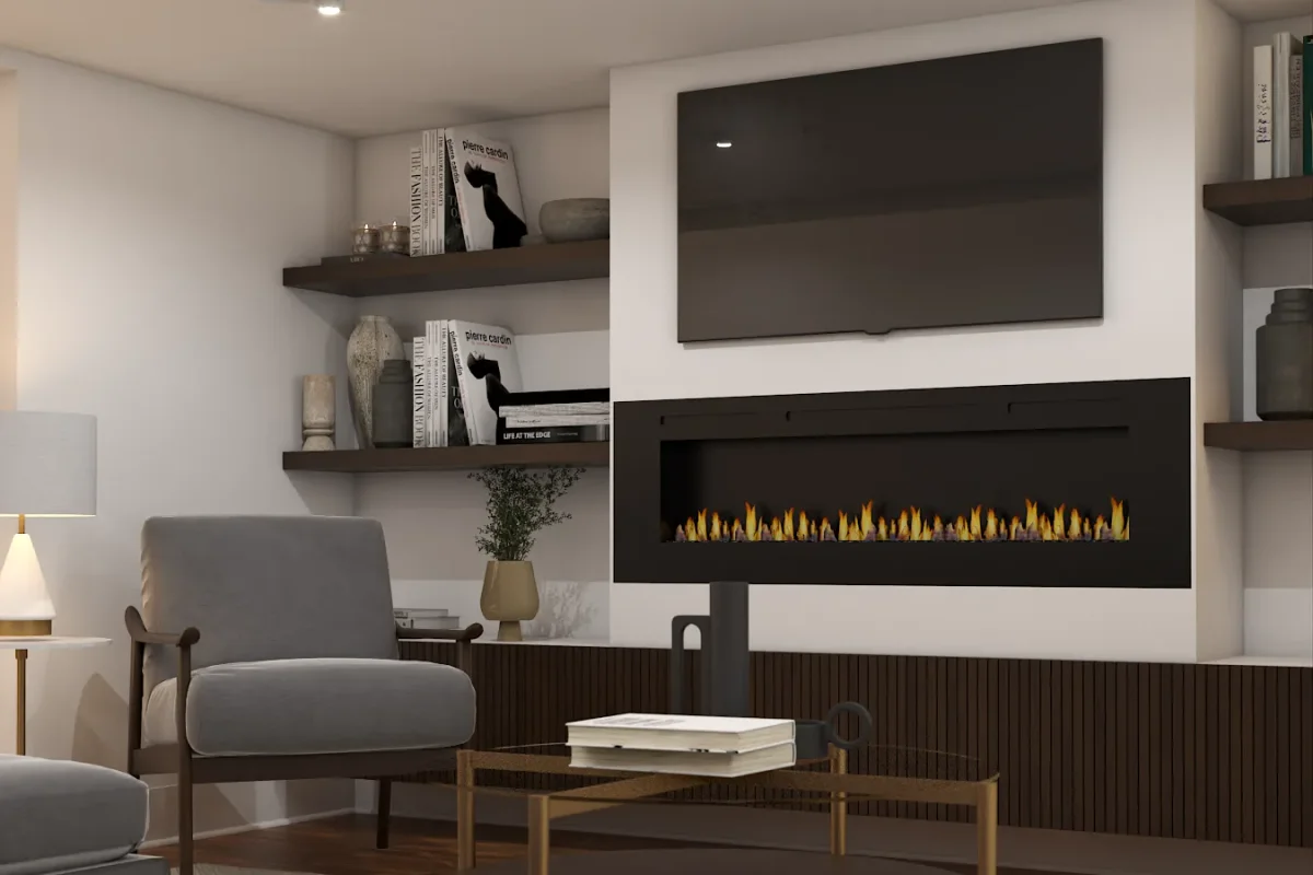 Dark walnut floating shelves flanking a wall-mounted TV and linear ribbon fireplace with slat wood base panel and gray armchair in a moody living room