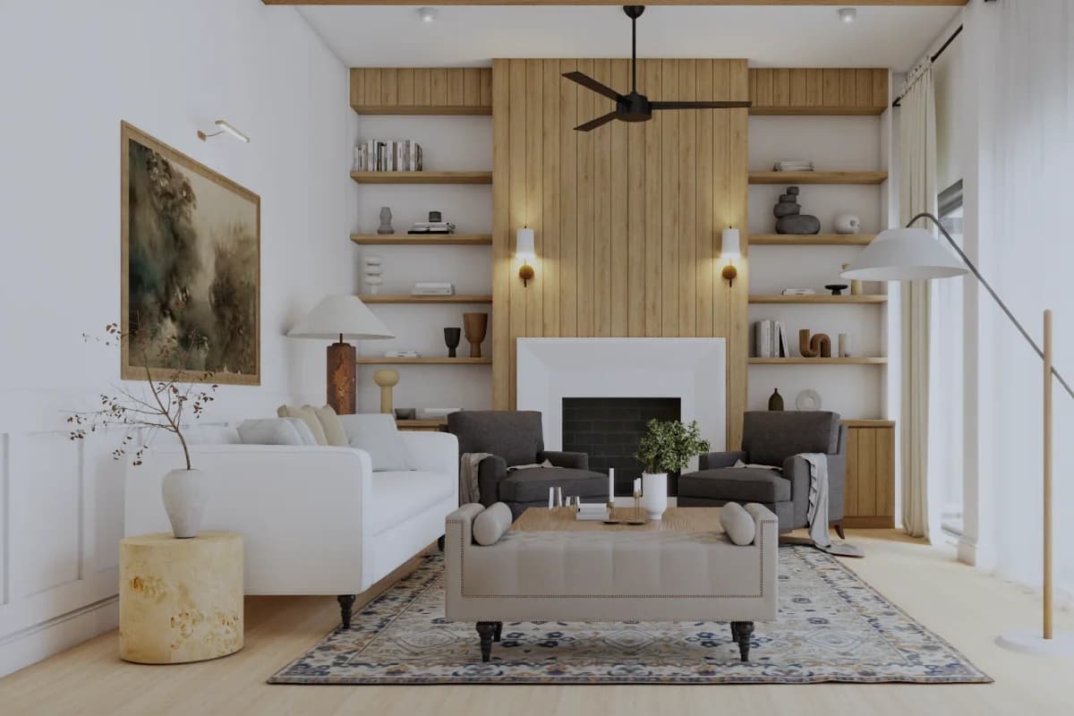 Vertical oak slat wall panels framing a white plaster fireplace with open shelving on both sides, sconces, and ceiling fan in a bright organic living room