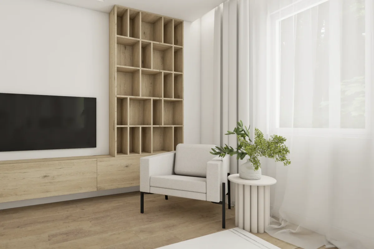 Scandinavian living room with floor-to-ceiling oak cubby bookshelf beside wall-mounted TV and floating oak console, white armchair and sheer curtains
