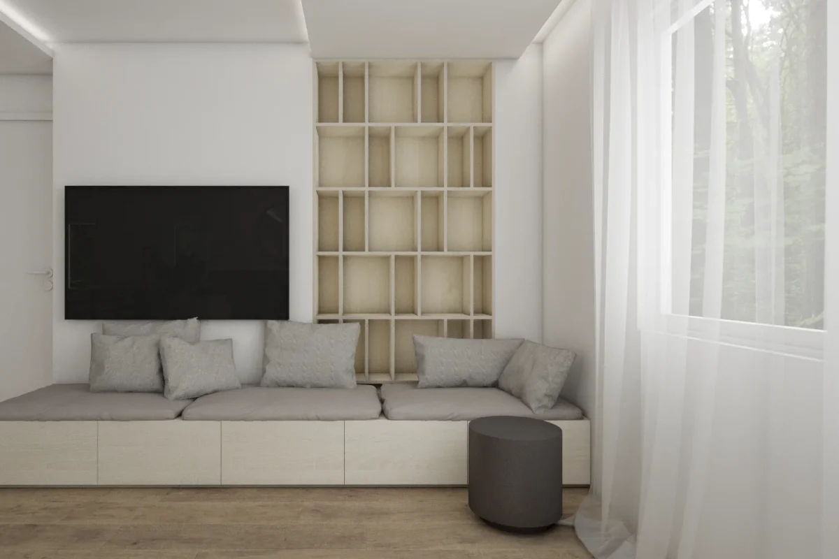 White and birch living room with wall-mounted TV, built-in upholstered bench with under-seat drawers, and tall open cubby bookshelf with cove lighting above