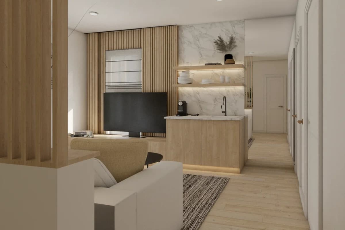 Open-plan living room with vertical wood slat TV panel wall, adjoining marble-topped oak bar cabinet with LED-lit open shelves and marble backsplash