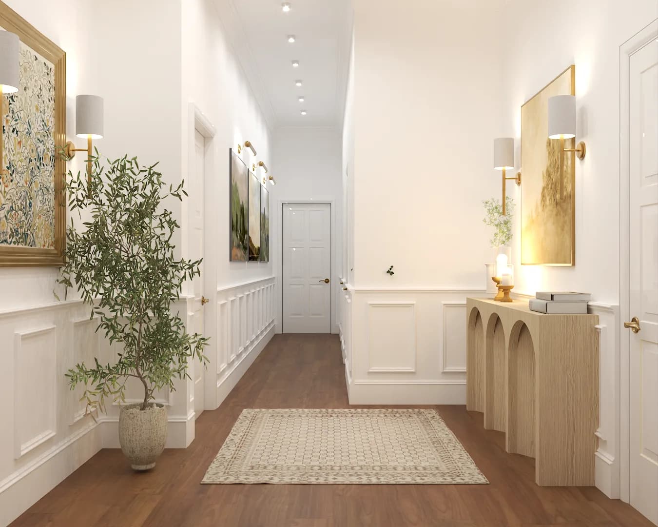 Long hallway with white wainscoting panels, arched oak console, sepia gold painting, and brass sconces