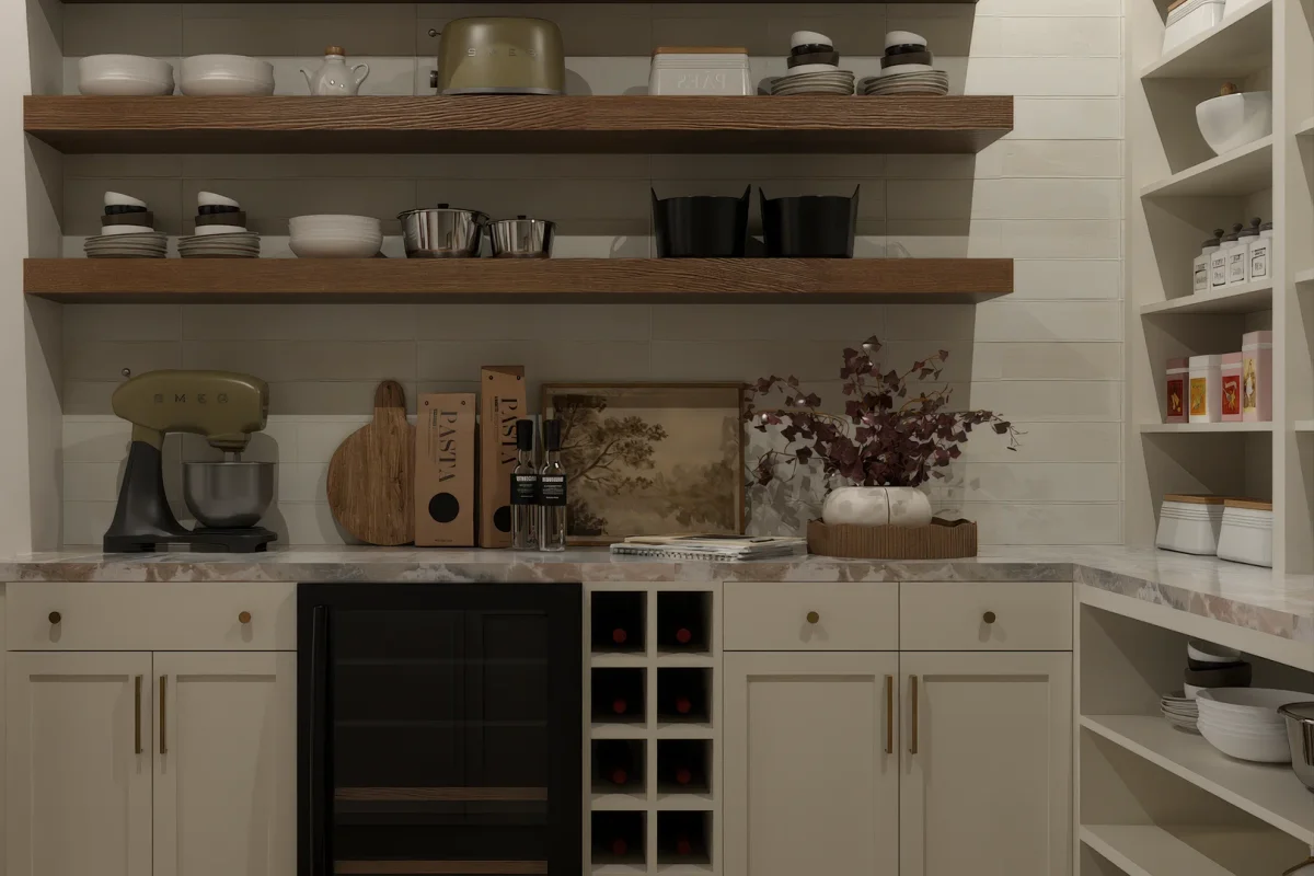 Cream shaker butler pantry with built-in wine cooler, marble counter, floating wood shelves, brass hardware, and stand mixer display