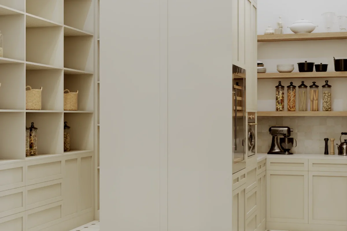 Cream walk-in pantry with floor-to-ceiling open cubby shelving, oak floating shelves, glass jar food storage, and integrated refrigerator column