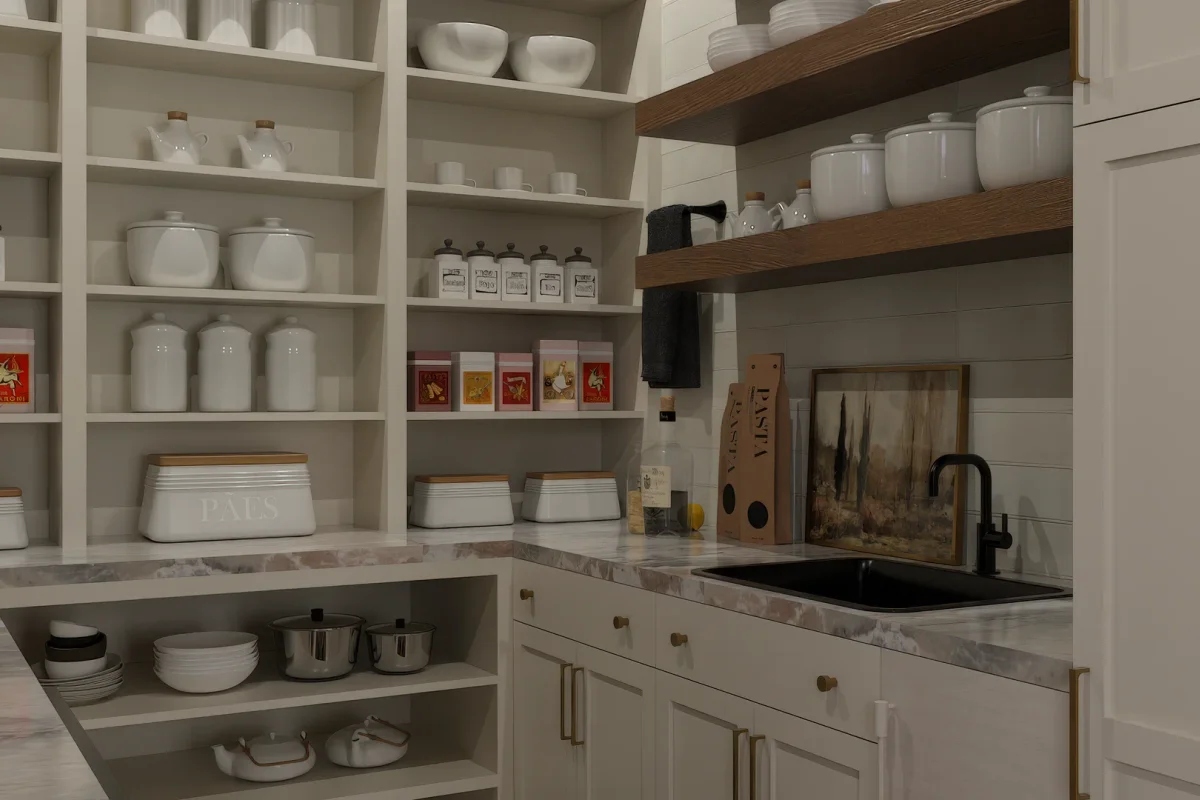White pantry with black farmhouse sink, marble counter, shiplap wall, brass hardware, floating wood shelves, and white ceramic jar storage