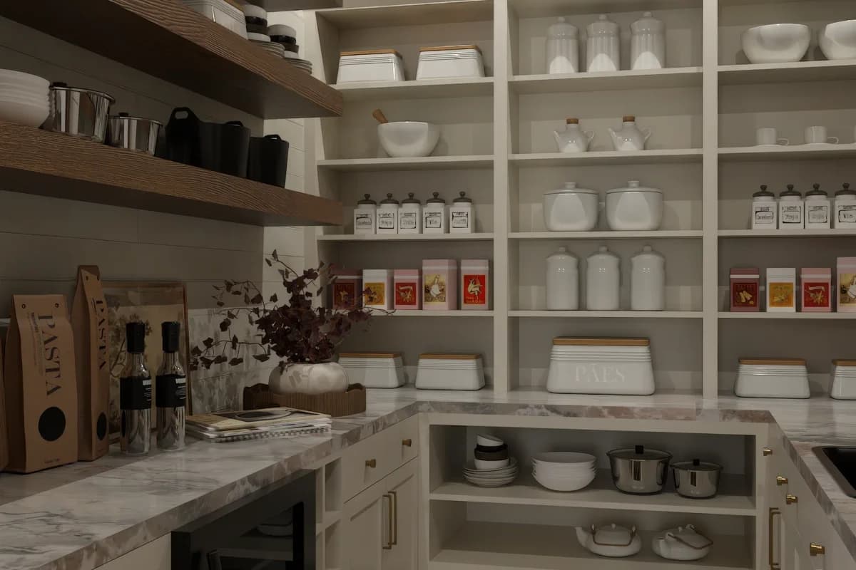 Walk-in pantry with marble counters, cream open shelving, floor-to-ceiling glass jar and ceramic canister display, wood floating shelves, and brass hardware